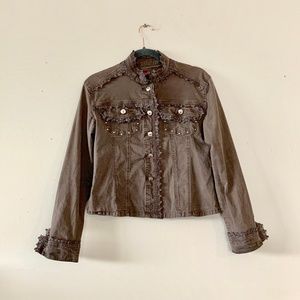 Brown Denim Jacket with Lace & Stud Detail